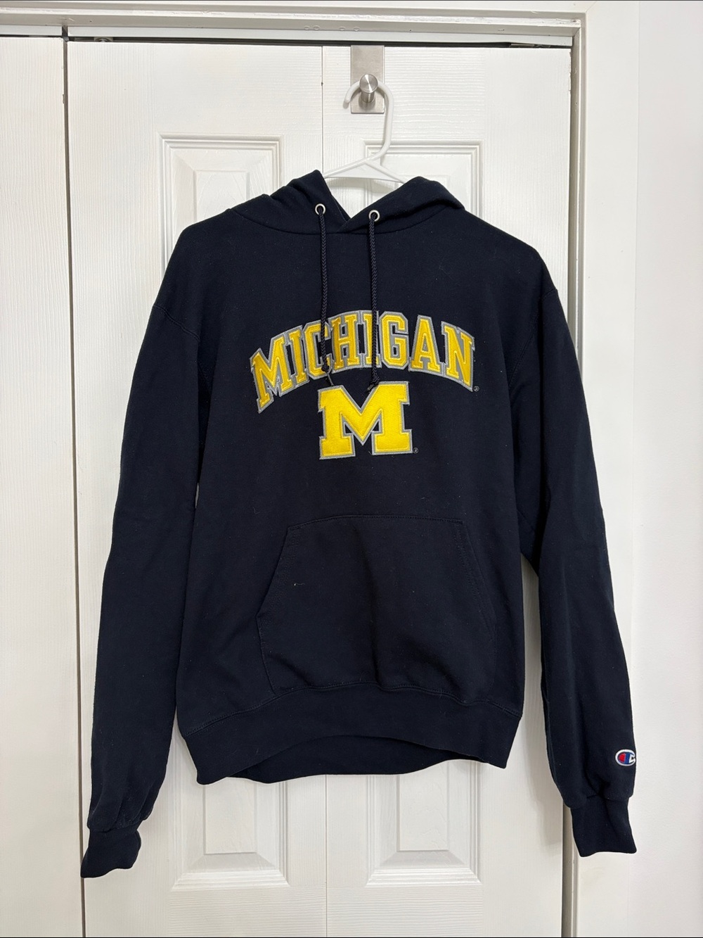 Unisex Champion Navy Crewneck Hoodie with Yellow Michigan Logo